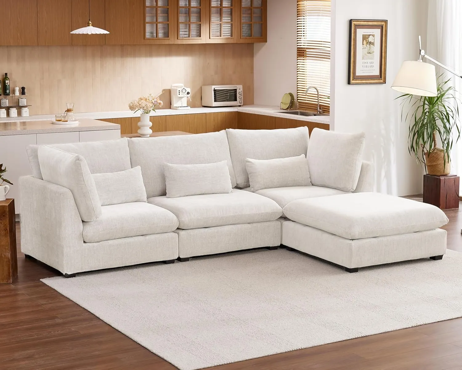 Oversized Modular Sofa, Extra Deep Cloud Chenille Sectional Couch with Ottoman Chaise, Fluffy Chenille 4 Seat L-Shaped Sofa for Living Room, Villa (L Shape 4 Seater, Chenille White)