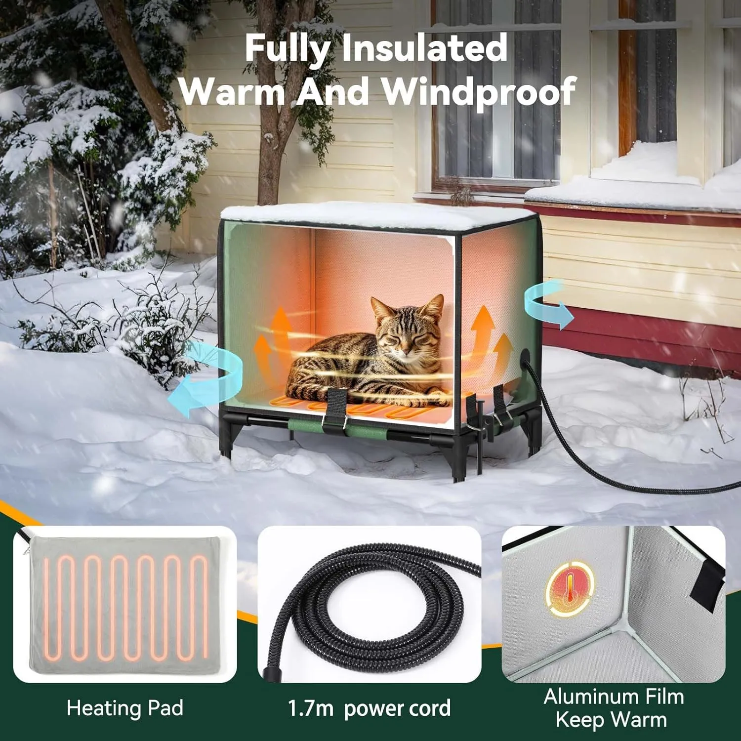 Pawaboo Indestructible Heated Cat House for Outdoor in Winter, 100% Waterproof Awning & Elevated Base, Insulated Outdoor Cat Shelter with Heater for Feral Barn Cat, Weatherproof Outdoor Cat House, M