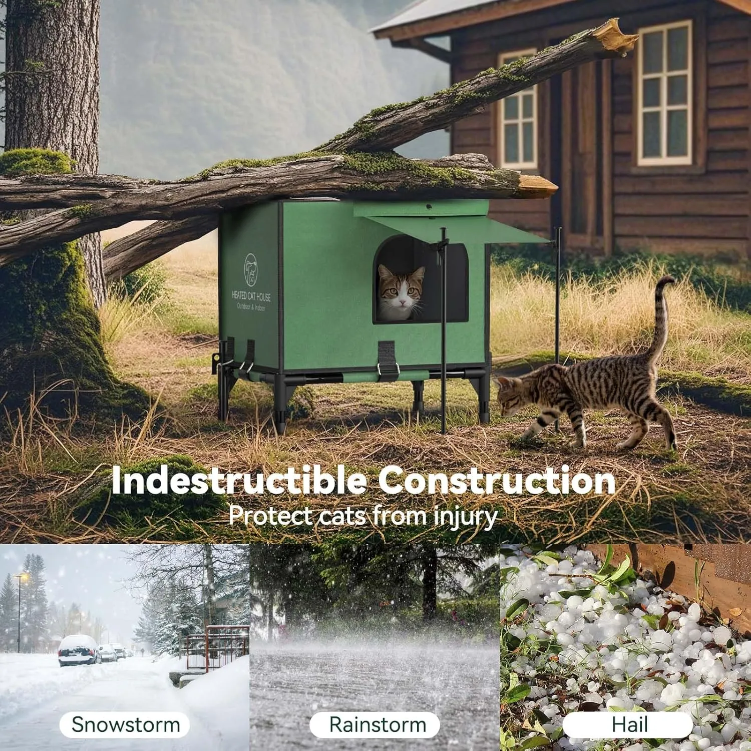 Pawaboo Indestructible Heated Cat House for Outdoor in Winter, 100% Waterproof Awning & Elevated Base, Insulated Outdoor Cat Shelter with Heater for Feral Barn Cat, Weatherproof Outdoor Cat House, M