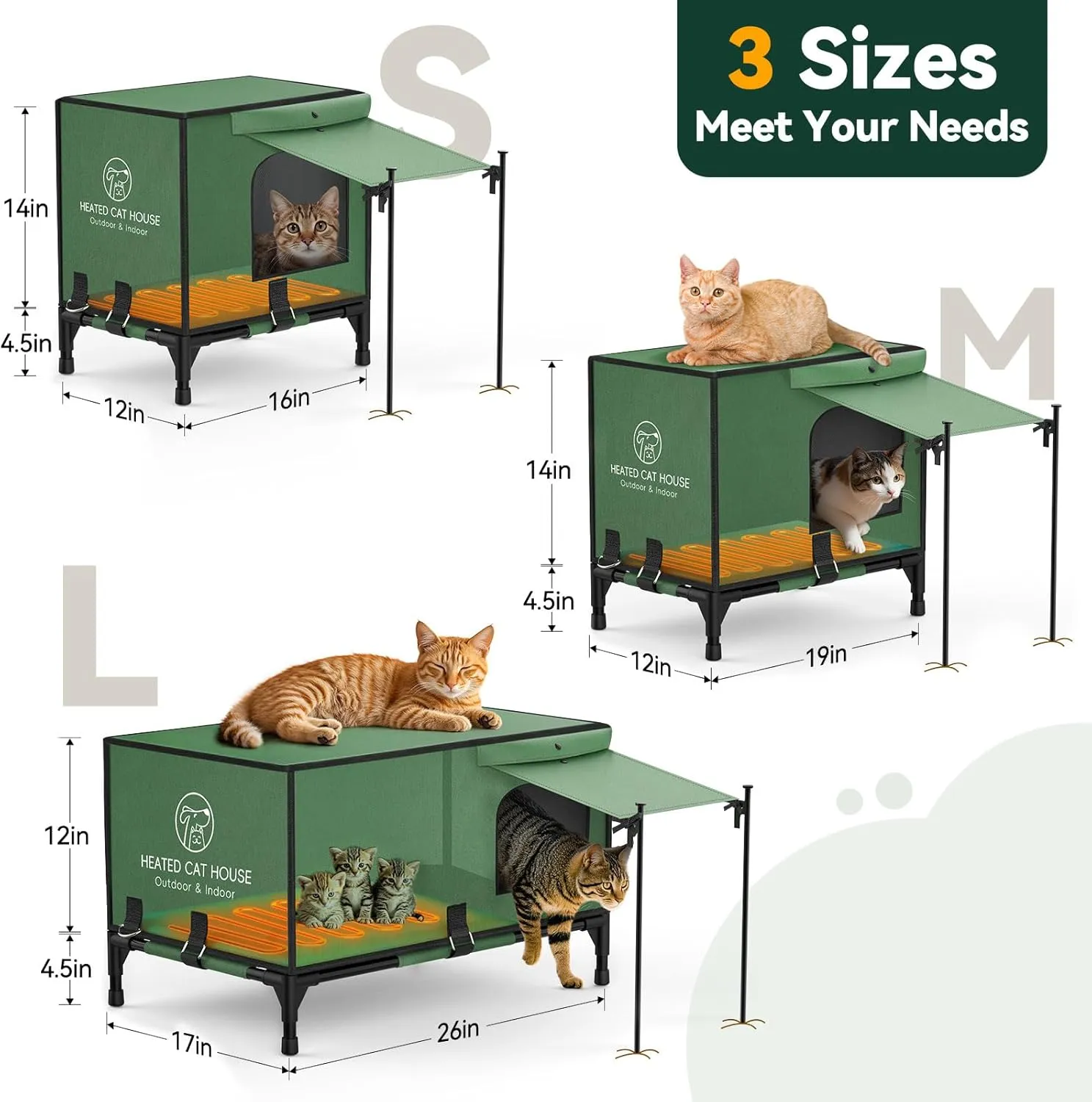 Pawaboo Indestructible Heated Cat House for Outdoor in Winter, 100% Waterproof Awning & Elevated Base, Insulated Outdoor Cat Shelter with Heater for Feral Barn Cat, Weatherproof Outdoor Cat House, M