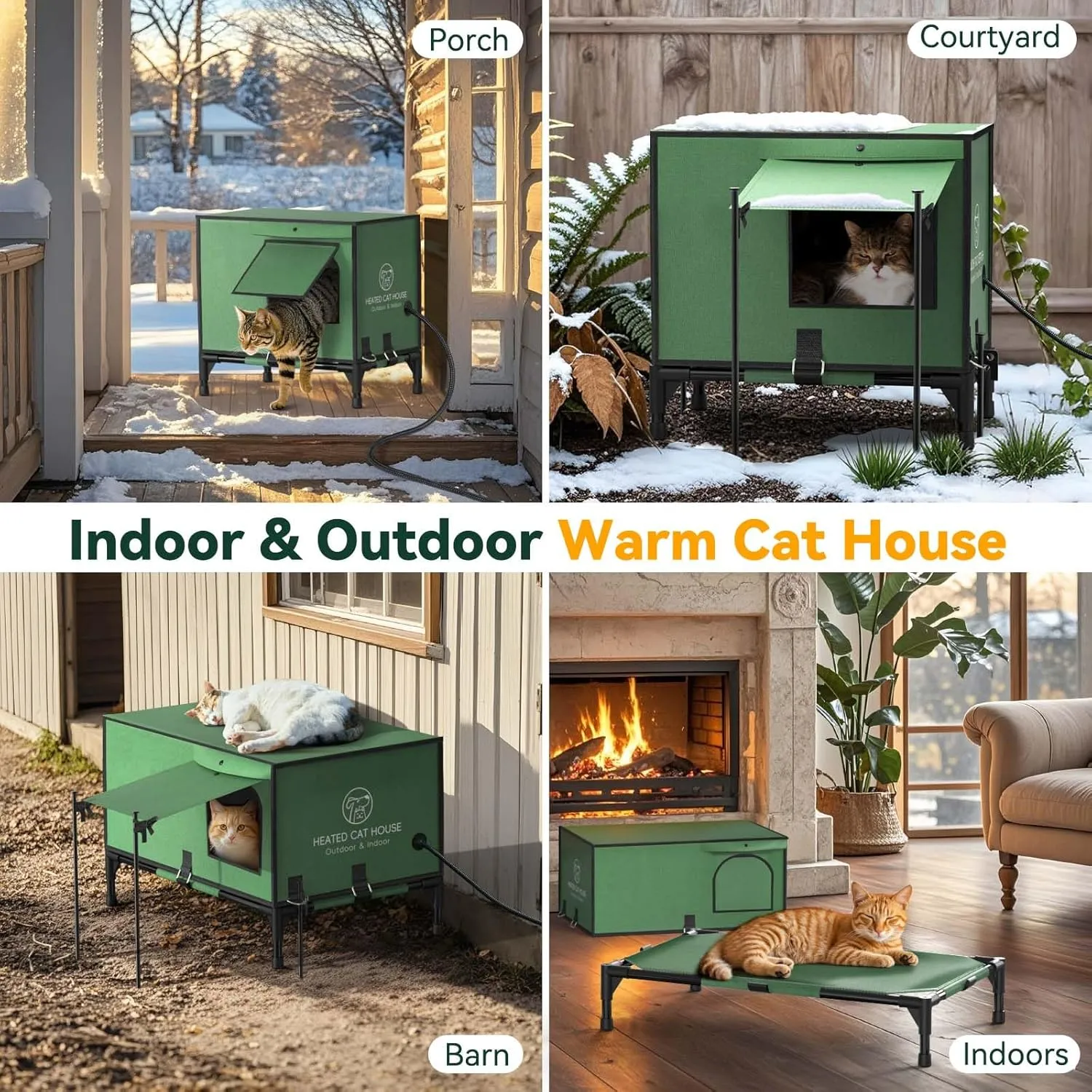 Pawaboo Indestructible Heated Cat House for Outdoor in Winter, 100% Waterproof Awning & Elevated Base, Insulated Outdoor Cat Shelter with Heater for Feral Barn Cat, Weatherproof Outdoor Cat House, M