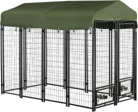 PawHut 8' x 4' x 6' Outdoor Dog Kennel with Rotating Bowl Holders, Walk-in Pet Playpen, Welded Wire Steel with Water and UV-Resistant Canopy, Green