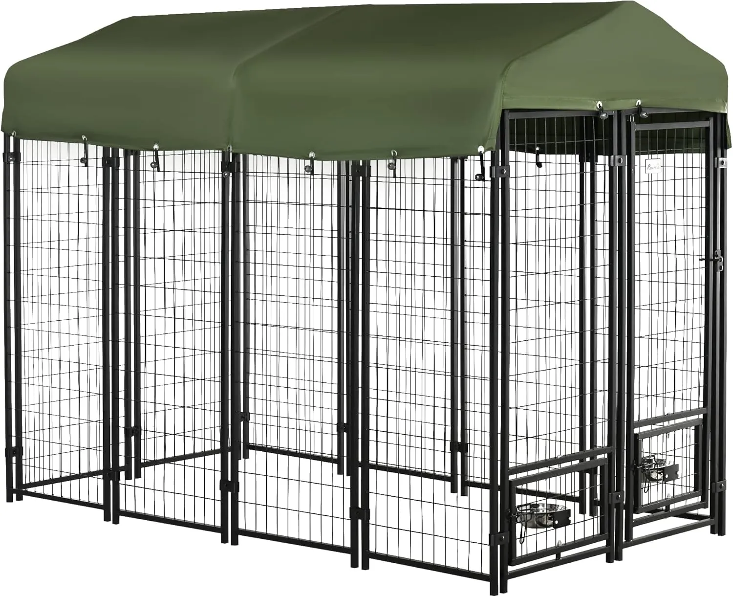 PawHut 8' x 4' x 6' Outdoor Dog Kennel with Rotating Bowl Holders, Walk-in Pet Playpen, Welded Wire Steel with Water and UV-Resistant Canopy, Green