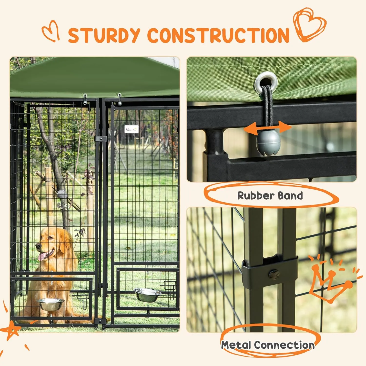 PawHut 8' x 4' x 6' Outdoor Dog Kennel with Rotating Bowl Holders, Walk-in Pet Playpen, Welded Wire Steel with Water and UV-Resistant Canopy, Green