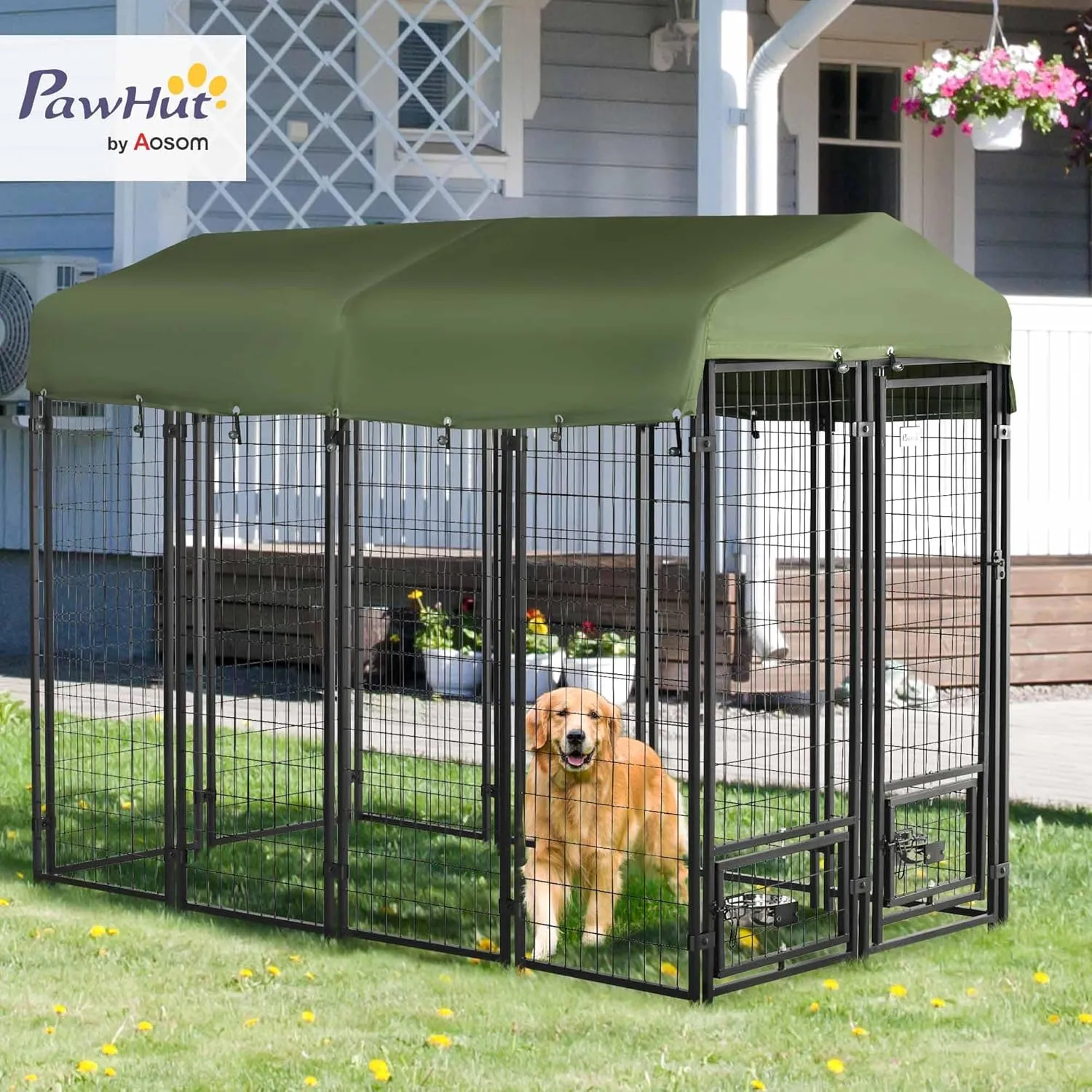 PawHut 8' x 4' x 6' Outdoor Dog Kennel with Rotating Bowl Holders, Walk-in Pet Playpen, Welded Wire Steel with Water and UV-Resistant Canopy, Green