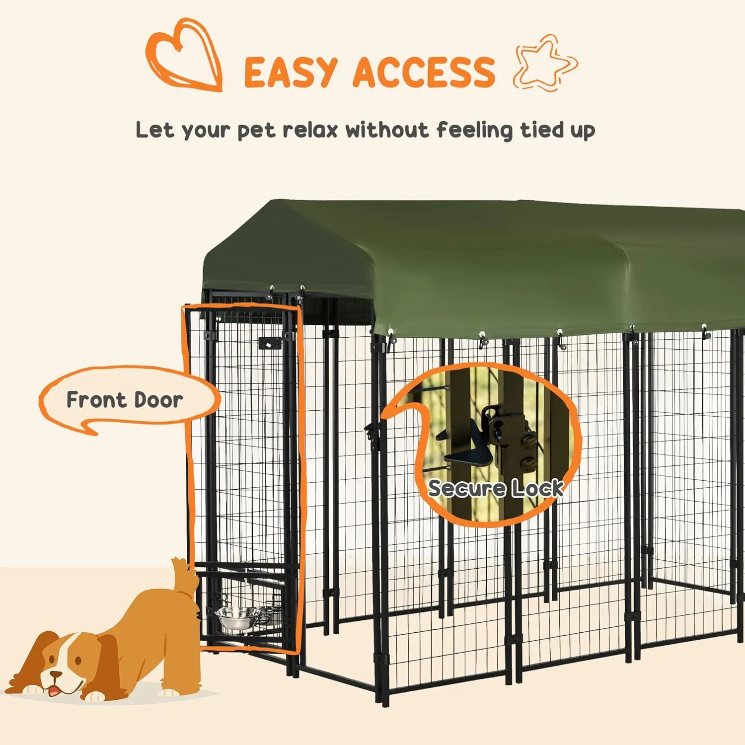 PawHut 8' x 4' x 6' Outdoor Dog Kennel with Rotating Bowl Holders, Walk-in Pet Playpen, Welded Wire Steel with Water and UV-Resistant Canopy, Green