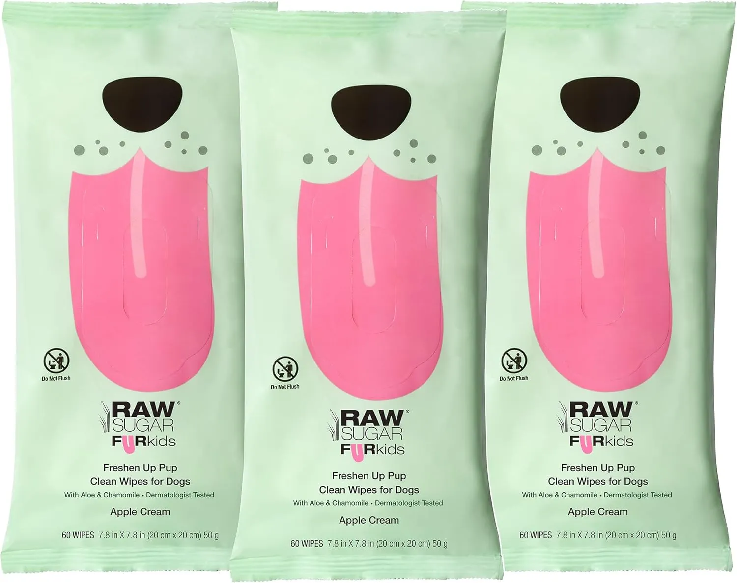 RAW SUGAR Dog Wipes, Fur Kids Waterless Pet Wipes, 3 Pack, 60 Ct, Dog Grooming, Cleaning & Deodorizing, with Chamomile & Aloe Vera for Paws, Coat, Face & Ears, Vegan & Cruelty-Free, Apple Cream