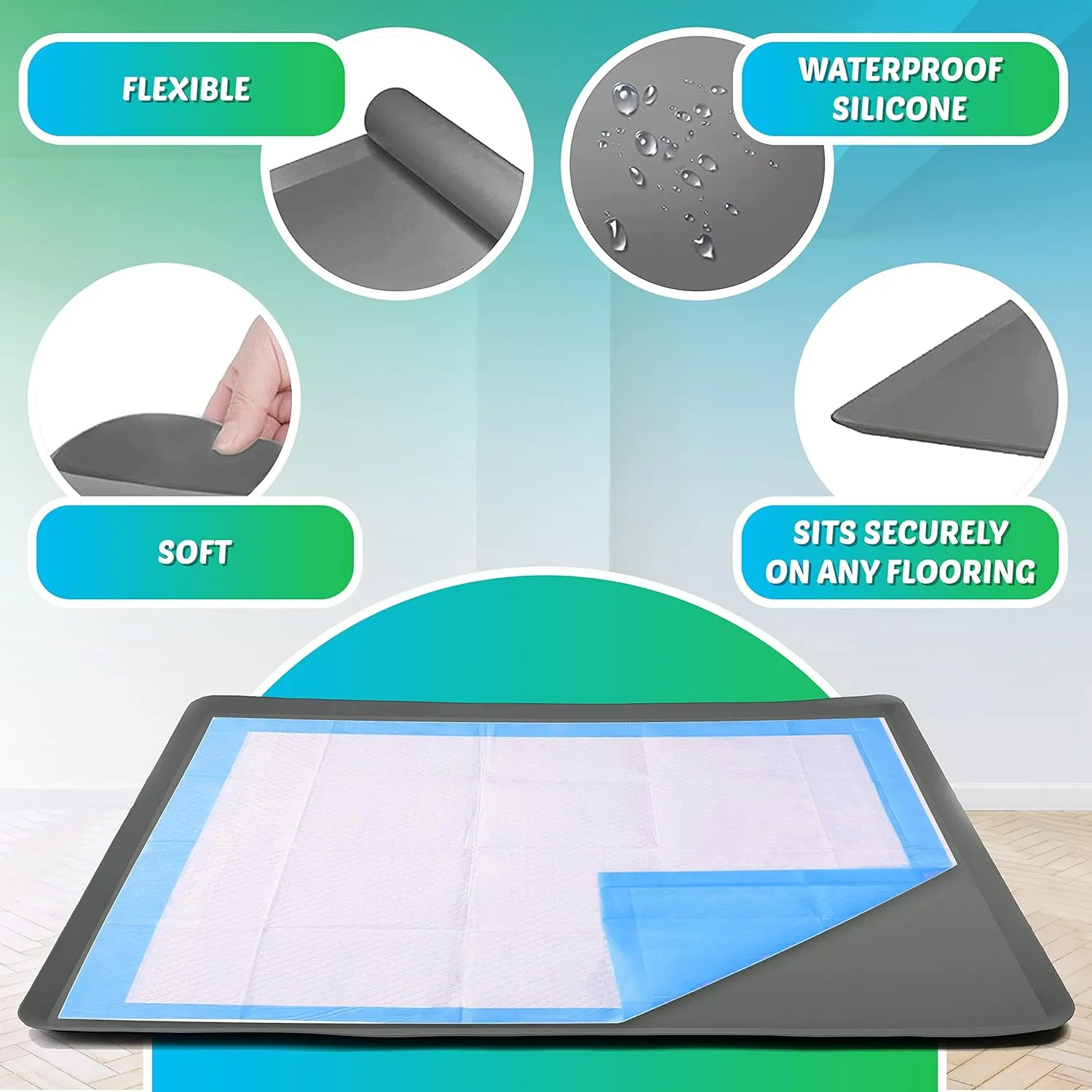 Skywin TidyFriend Pee Pad Holder Tray 28 x 34 Inches, Silicone Dog Potty Tray, Easy to Clean No Spill Dog Potty Training Pad Holder (Grey)