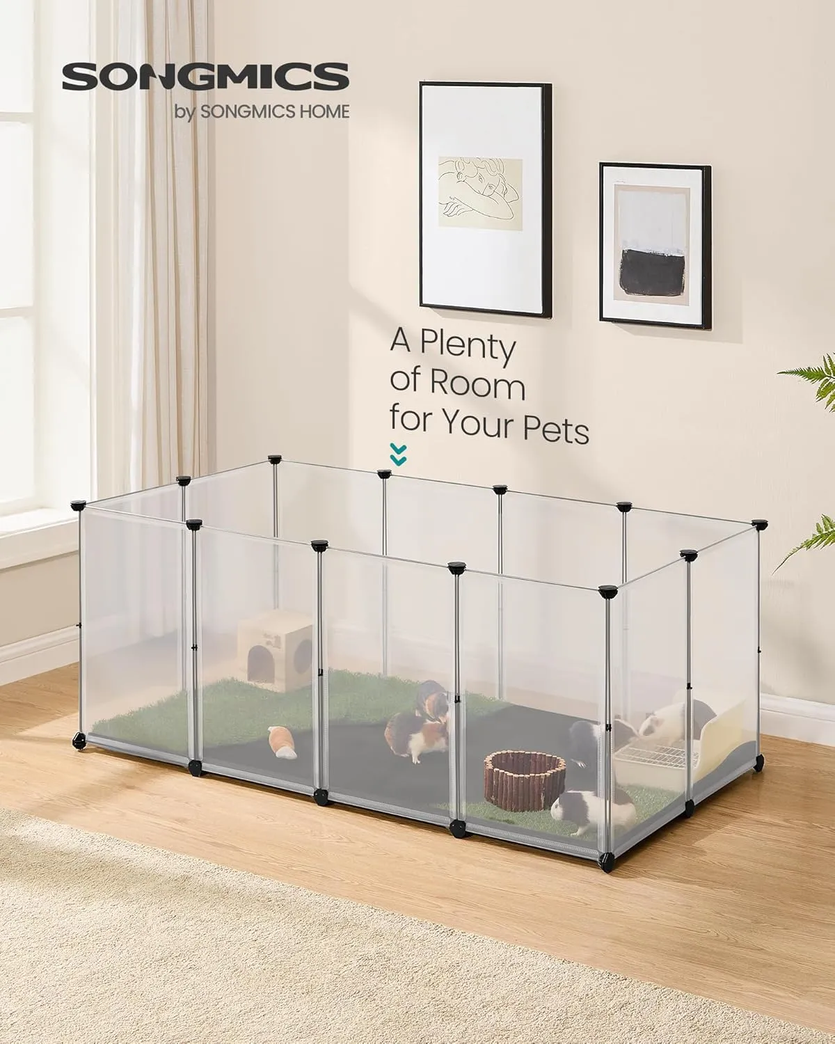 SONGMICS Guinea Pig Playpen, Removable Oxford Fabric Mat, Small Animal Pen, Pet Fence Indoor, DIY Plastic Enclosure for Hamsters, Rabbits, Hedgehogs, 57.1 x 28.7 x 22.4 Inches, White ULPC013W01