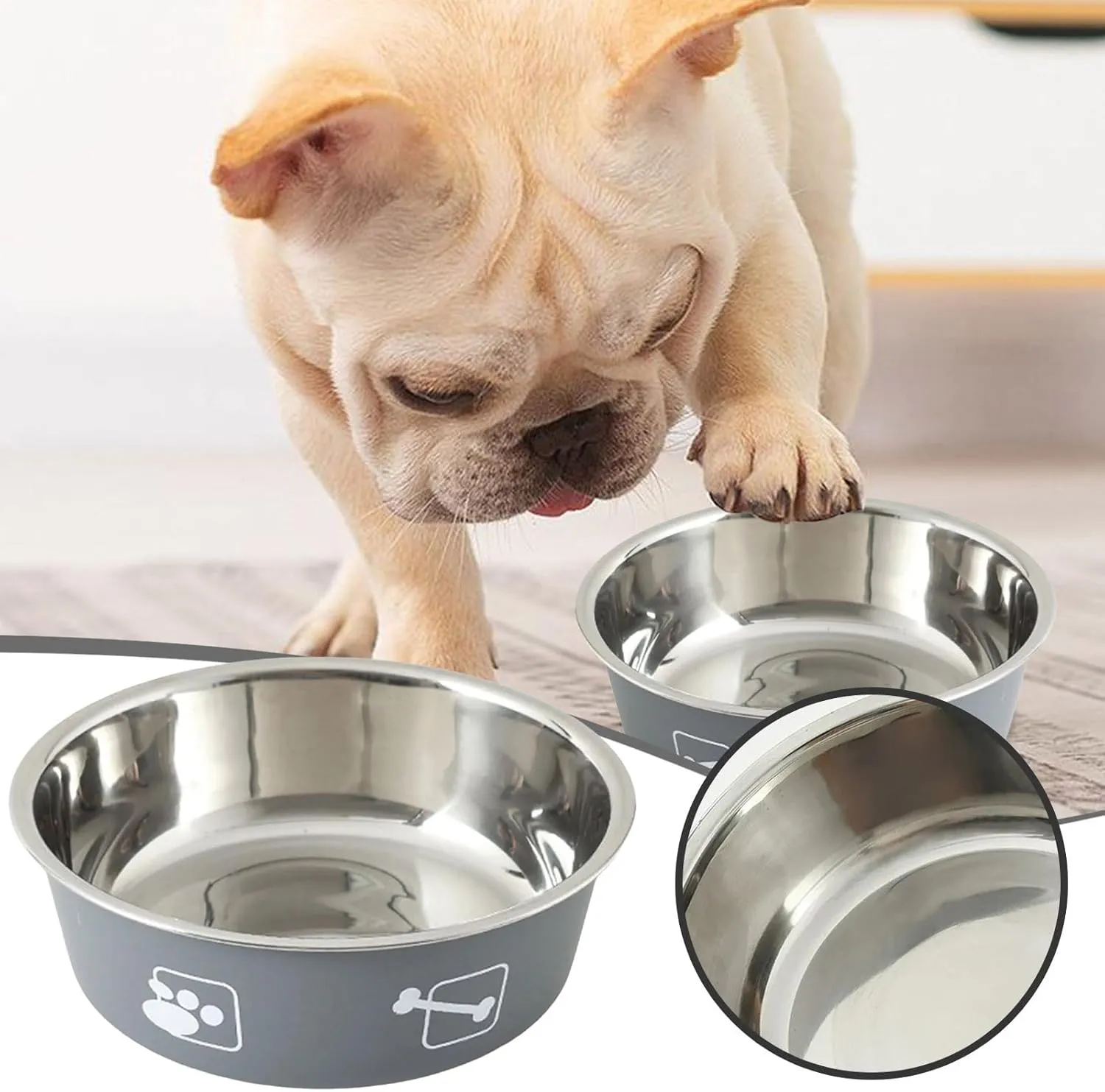 Stainless Steel Dog Bowl with Non Rubber Base Durable Food Water Dishes Dog Bowls Feeder Bowl for Small Medium Dogs Cats (Grey)