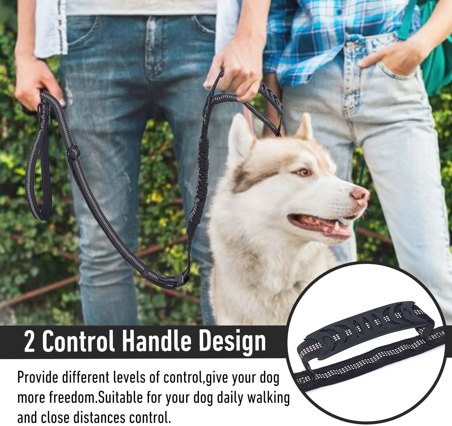 Tactical Dog Leash,Reflective Training Dog Leash,Adjustable Heavy Duty Leash with 2 Control Padded Handle Strong No Pull Bungee with Car Seat Belt for Medium Large Dogs