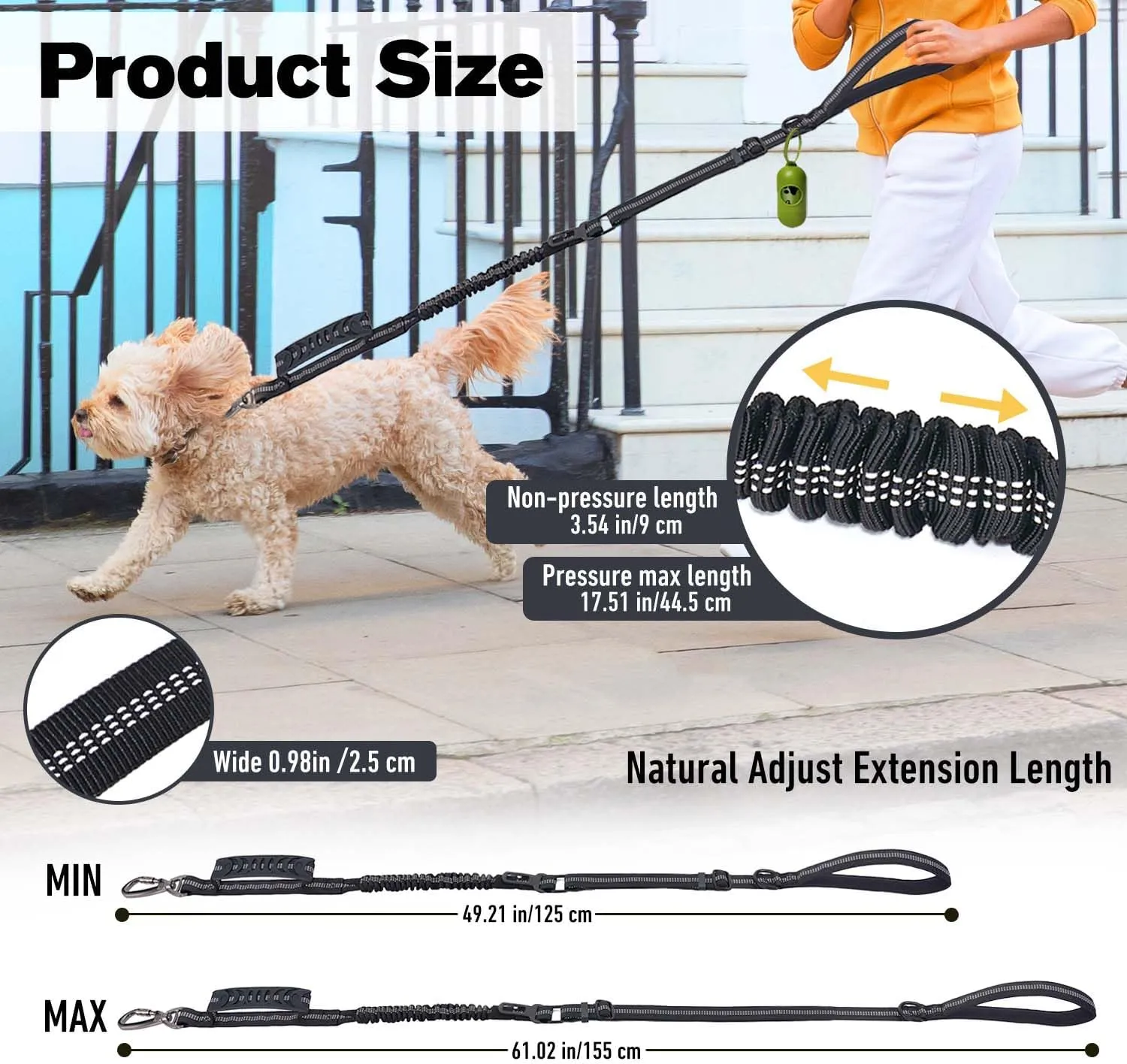 Tactical Dog Leash,Reflective Training Dog Leash,Adjustable Heavy Duty Leash with 2 Control Padded Handle Strong No Pull Bungee with Car Seat Belt for Medium Large Dogs