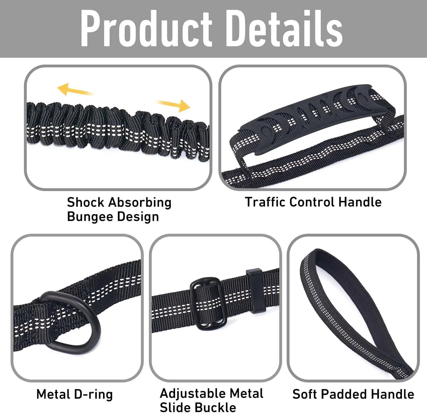 Tactical Dog Leash,Reflective Training Dog Leash,Adjustable Heavy Duty Leash with 2 Control Padded Handle Strong No Pull Bungee with Car Seat Belt for Medium Large Dogs