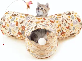 Tempcore Pet Cat Tunnel Tube Cat Toys 3 Way Collapsible, Cat Tunnels for Indoor CatsKitty Tunnel Bored Pet Toys Peek Hole Toy Ball Puppy, Kitty, Kitten, Rabbit Beige Deer
