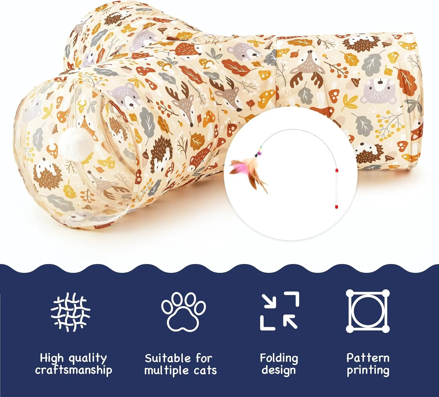 Tempcore Pet Cat Tunnel Tube Cat Toys 3 Way Collapsible, Cat Tunnels for Indoor CatsKitty Tunnel Bored Pet Toys Peek Hole Toy Ball Puppy, Kitty, Kitten, Rabbit Beige Deer