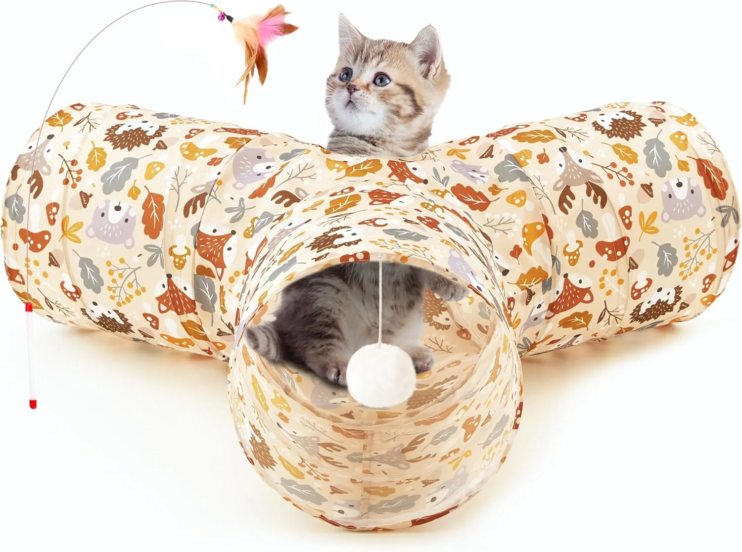 Tempcore Pet Cat Tunnel Tube Cat Toys 3 Way Collapsible, Cat Tunnels for Indoor CatsKitty Tunnel Bored Pet Toys Peek Hole Toy Ball Puppy, Kitty, Kitten, Rabbit Beige Deer