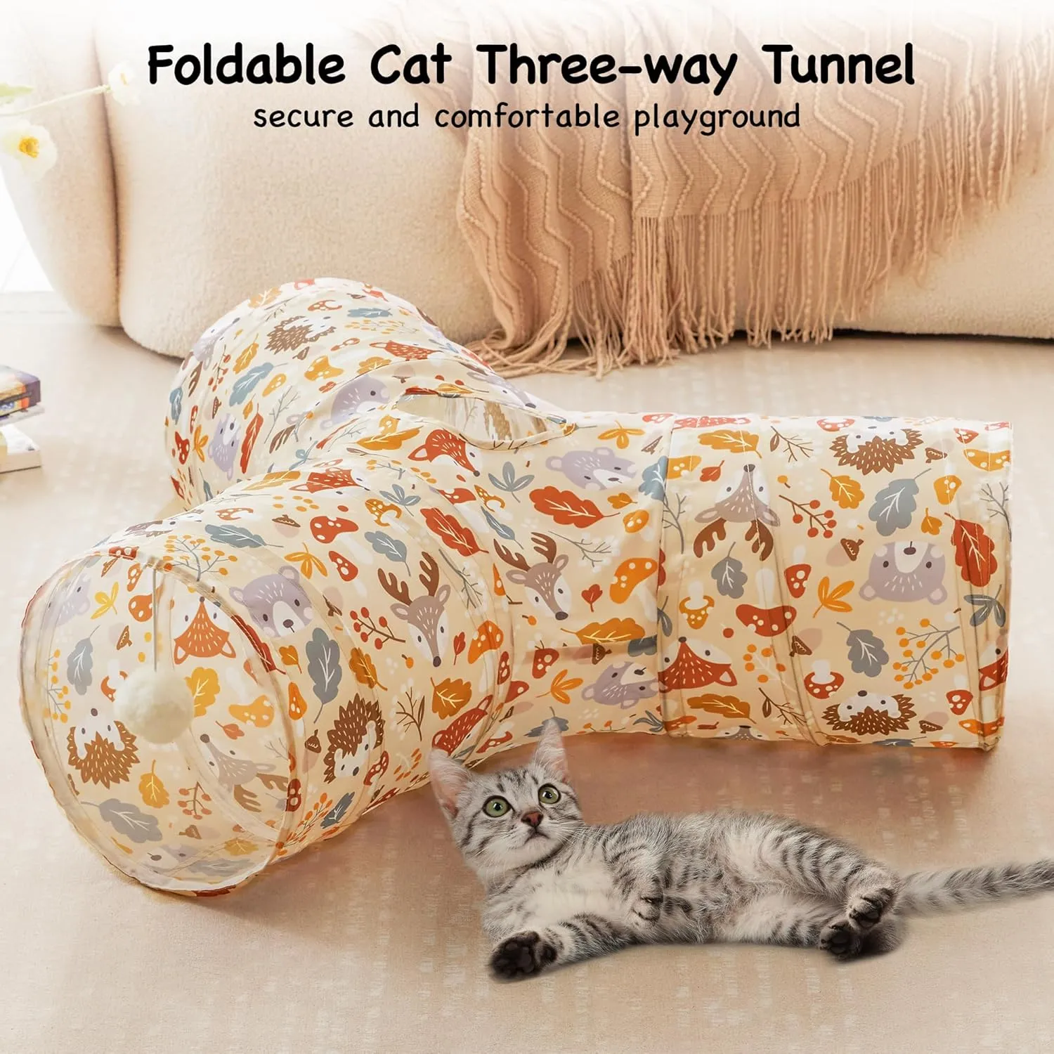 Tempcore Pet Cat Tunnel Tube Cat Toys 3 Way Collapsible, Cat Tunnels for Indoor CatsKitty Tunnel Bored Pet Toys Peek Hole Toy Ball Puppy, Kitty, Kitten, Rabbit Beige Deer
