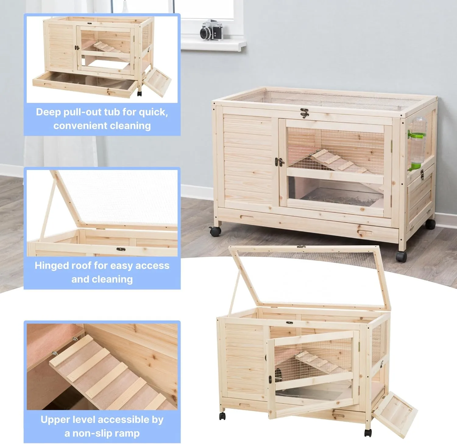 TRIXIE Natura X-Small Indoor Rabbit Hutch, Pet House for Rabbits and Guinea Pigs, Bunny Cage on Wheels, Pull Out Tray