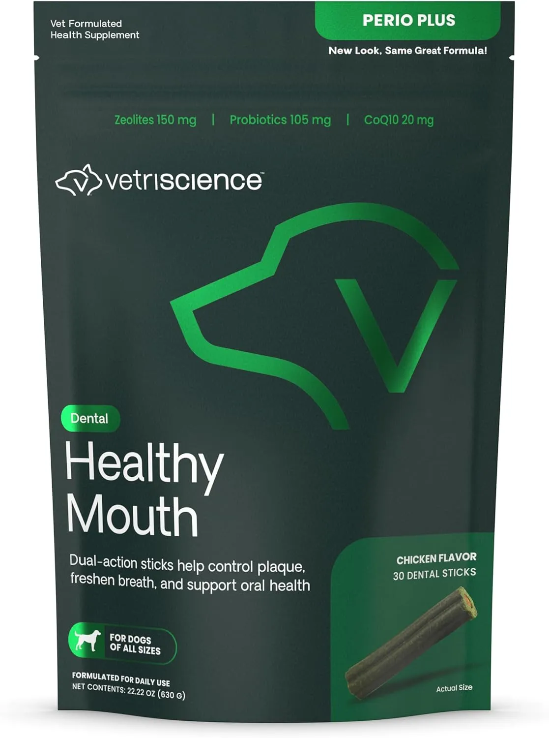 VetriScience Healthy Mouth Dental Chews, Perio Plus Sticks for Dogs, with Probiotics, Spirulina & Zeolites, Breath Freshening, Plaque & Tartar Control, Chicken, 30 Count