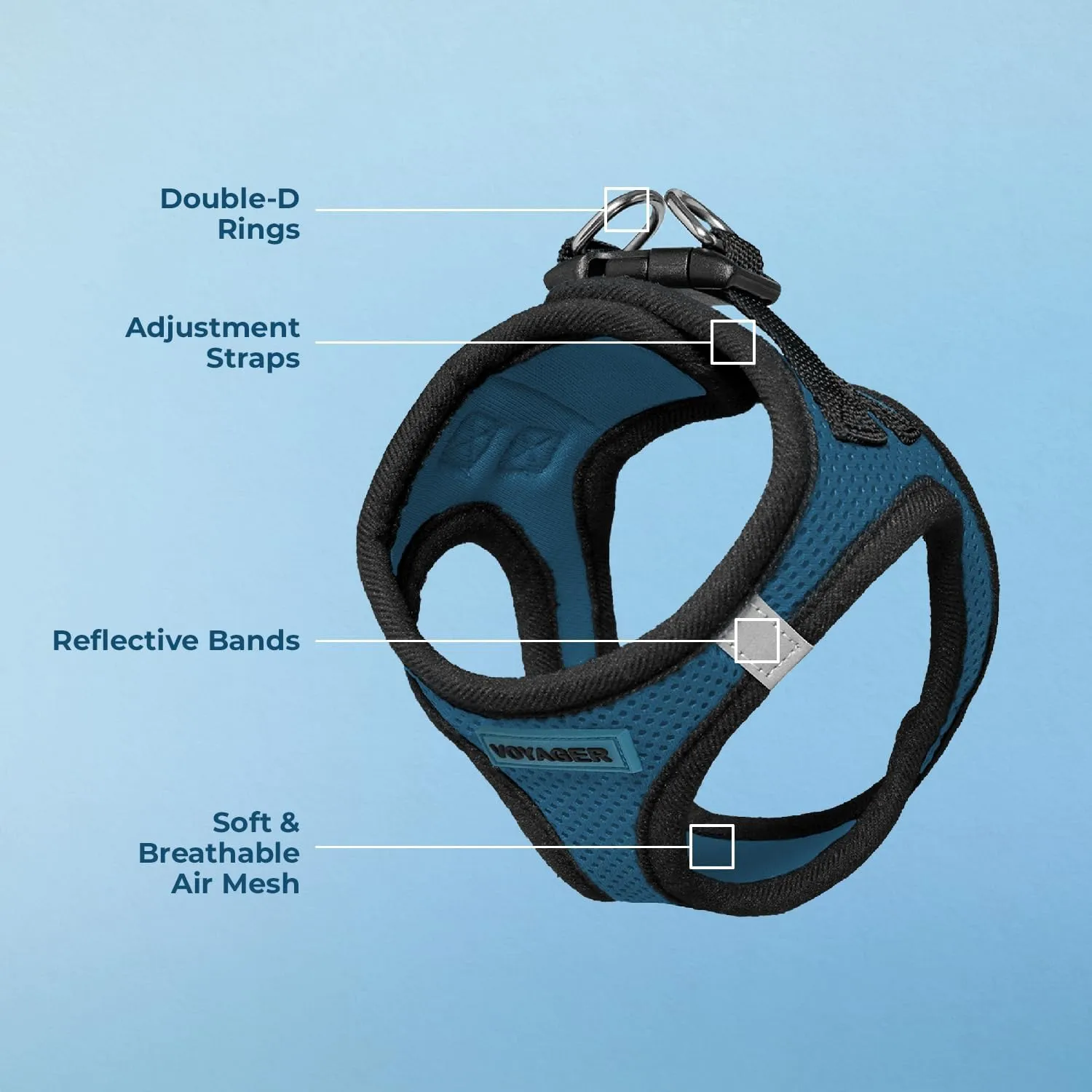 Voyager Step-In Air Dog Harness - All Weather Mesh, Reflective, No Pull Harness for Small, Medium Dogs, Cats - Secure with Hook & Loop Fastener, Buckle, Double D-Rings - Blue/Black Trim, L