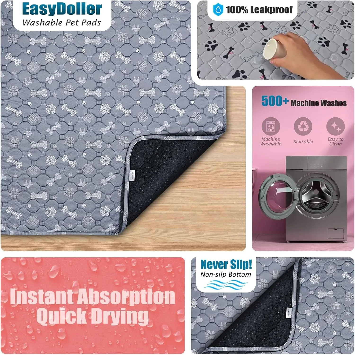 Washable Pee Pads for Dogs - 2 Pcs 18"x24" Gray Superior Reusable Puppy Pet Training Pad - Waterproof, Non-Slip Grip Protects Against Urine Leakage, Prevents Slipping & Bunching