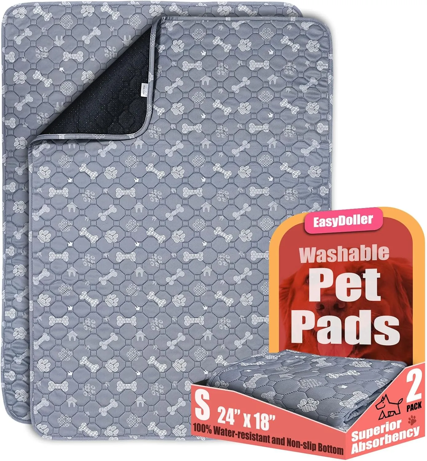 Washable Pee Pads for Dogs - 2 Pcs 18"x24" Gray Superior Reusable Puppy Pet Training Pad - Waterproof, Non-Slip Grip Protects Against Urine Leakage, Prevents Slipping & Bunching