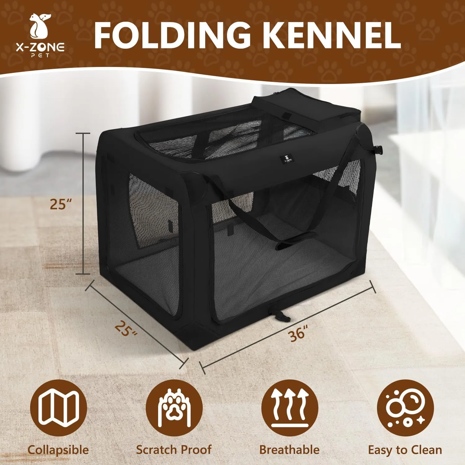 X-ZONE PET Dog Crate 3-Door Kennel, Collapsible Portable Soft Sided Pet Carriers for Indoor & Outdoor, Multiple (36-Inch, Carbon Black)