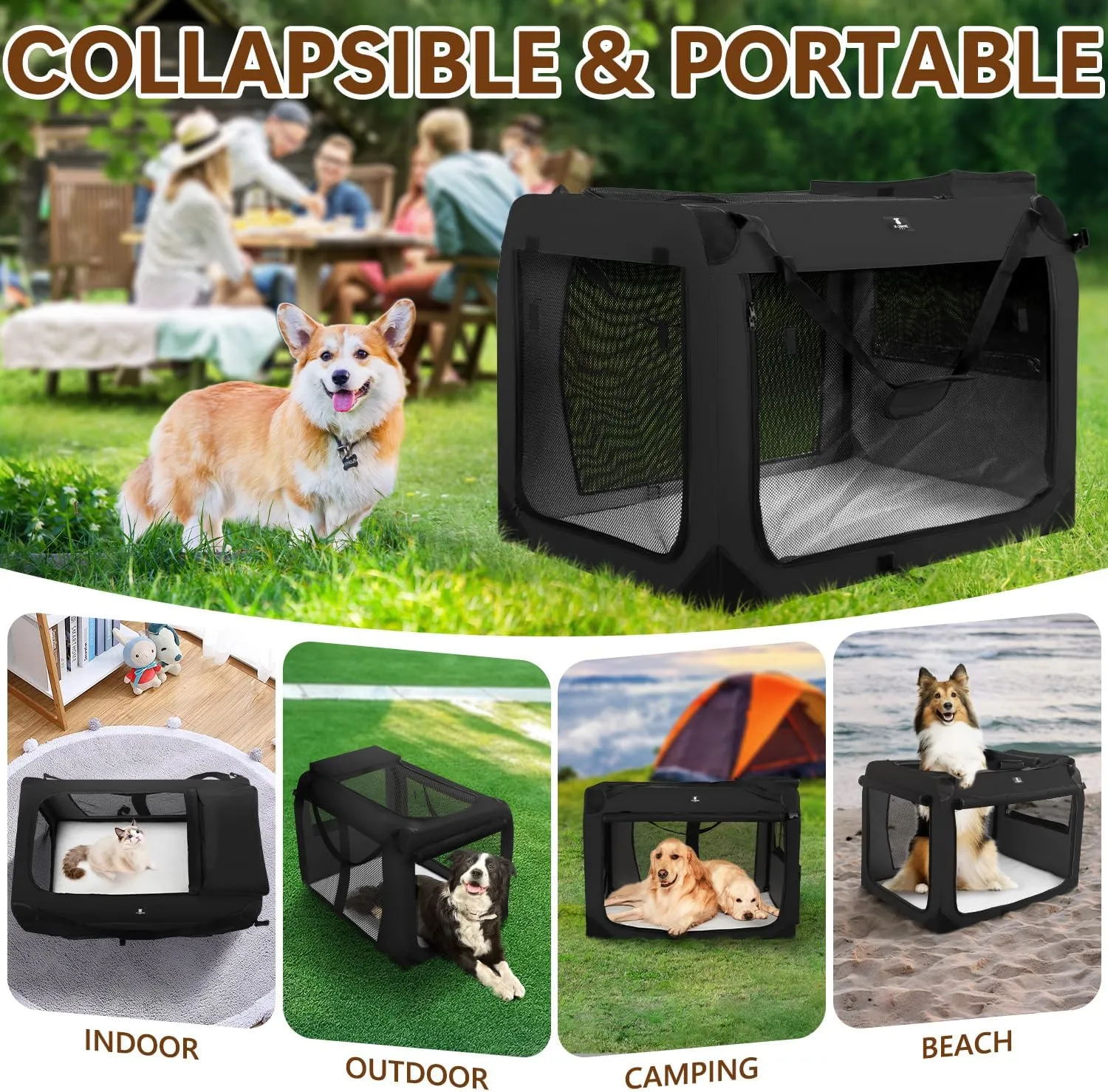X-ZONE PET Dog Crate 3-Door Kennel, Collapsible Portable Soft Sided Pet Carriers for Indoor & Outdoor, Multiple (36-Inch, Carbon Black)