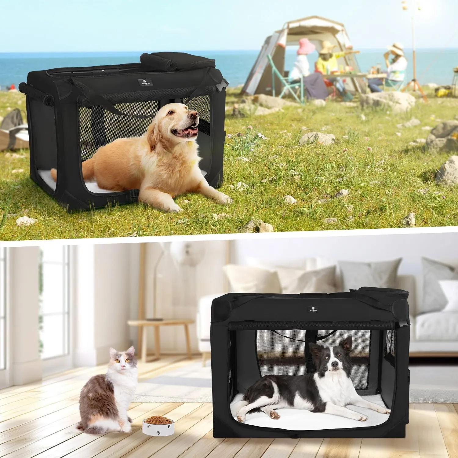 X-ZONE PET Dog Crate 3-Door Kennel, Collapsible Portable Soft Sided Pet Carriers for Indoor & Outdoor, Multiple (36-Inch, Carbon Black)