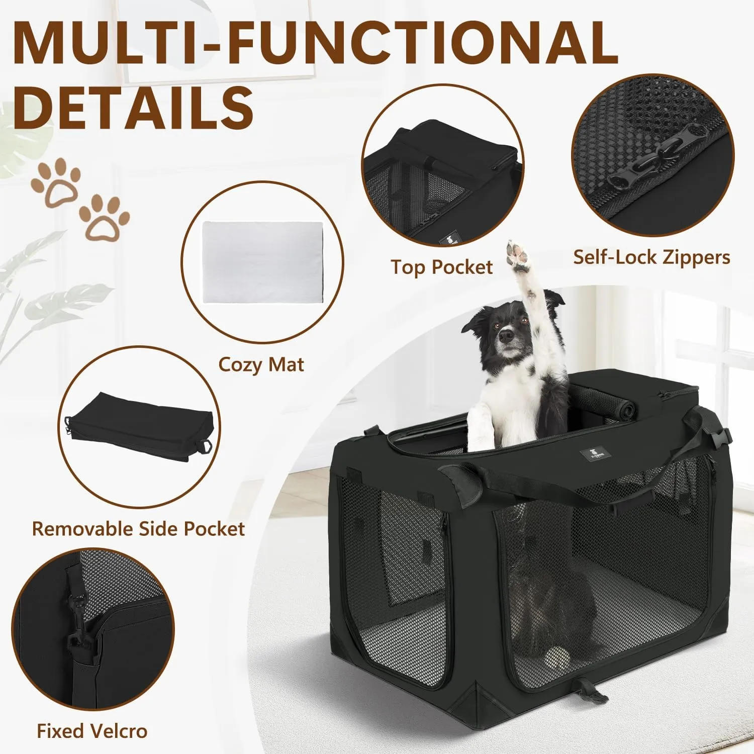 X-ZONE PET Dog Crate 3-Door Kennel, Collapsible Portable Soft Sided Pet Carriers for Indoor & Outdoor, Multiple (36-Inch, Carbon Black)